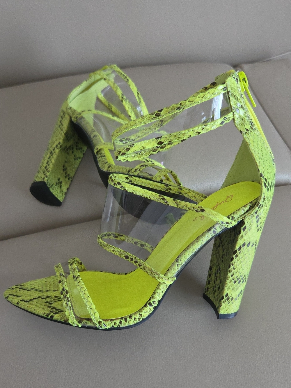 Qupid Neon Snake-Print Strappy Block Heels in Bright Neon Green